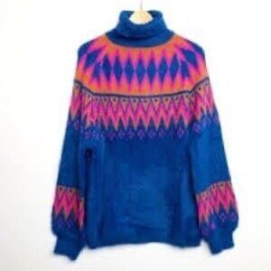 Fair Isle Turtleneck Sweater Balloon Sleeves Blue Hot Pink Rust Size M